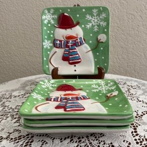 4 Pier 1 Imports Jolly Holiday Snowman Dessert/Appetizer Plates Hand Painted New